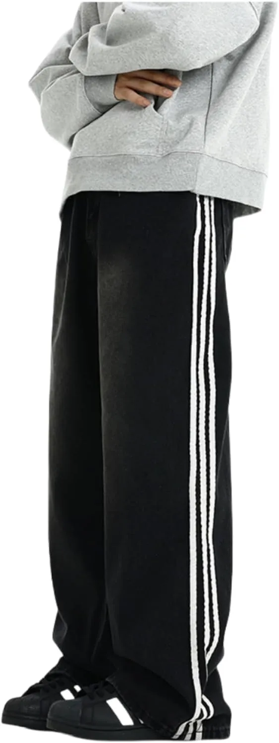 Men's Baggy Vintage Jeans Loose Fit Denim Pants with Stripes on The Side Relaxed Skateboard Denim