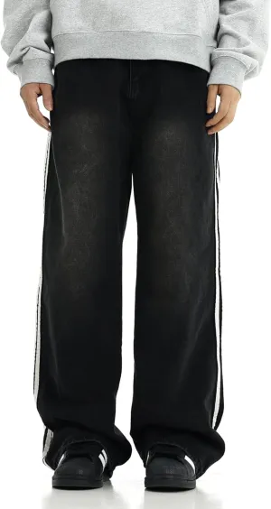 Men's Baggy Vintage Jeans Loose Fit Denim Pants with Stripes on The Side Relaxed Skateboard Denim