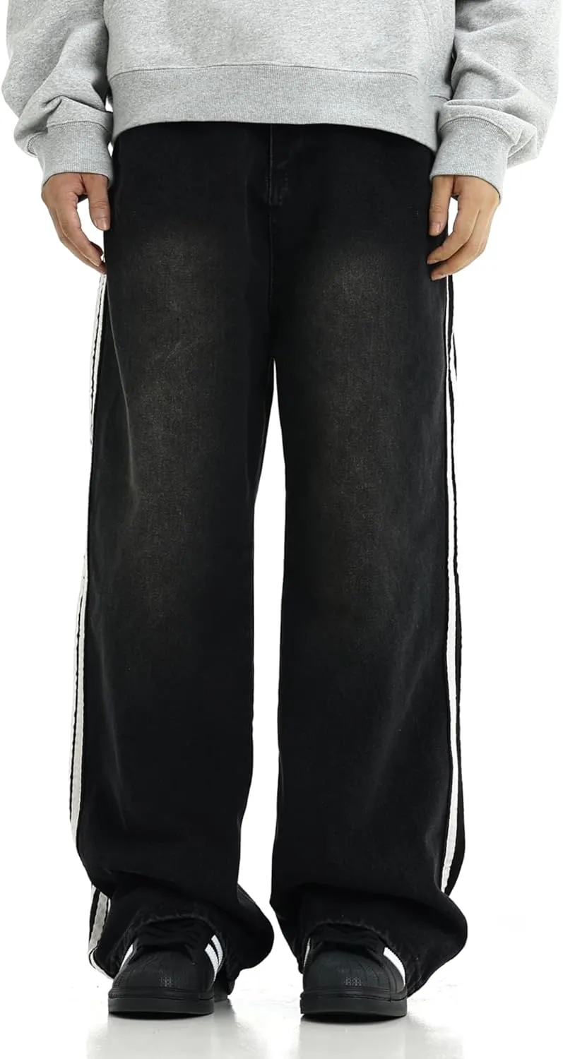 Men's Baggy Vintage Jeans Loose Fit Denim Pants with Stripes on The Side Relaxed Skateboard Denim