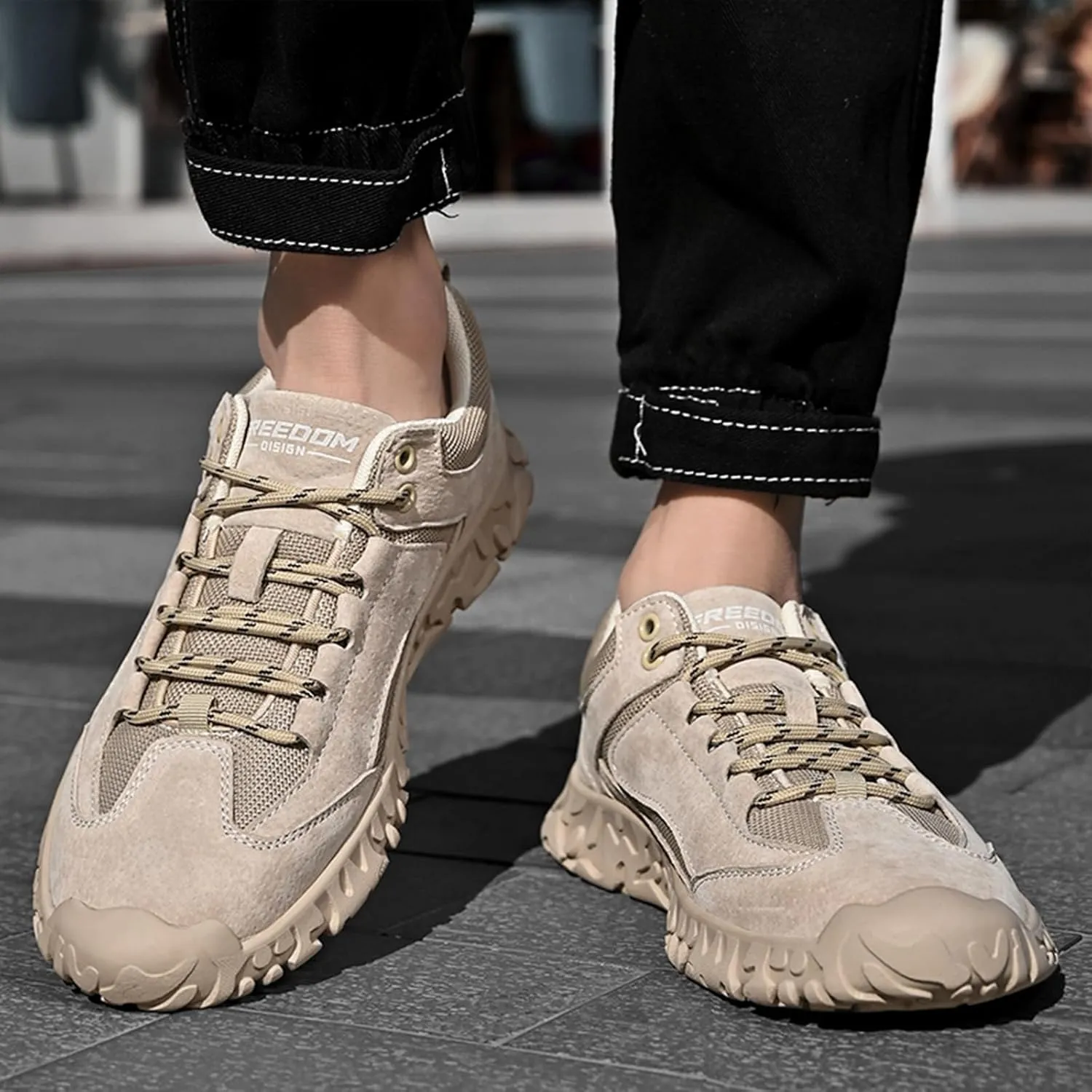 Men's Classic Outdoor Low-Top Suede Drawstring Sneakers,Summer Breathable Mesh Non-Slip Lightweight Casual Slip-on Sports Trail Shoes for Hiking & Walking