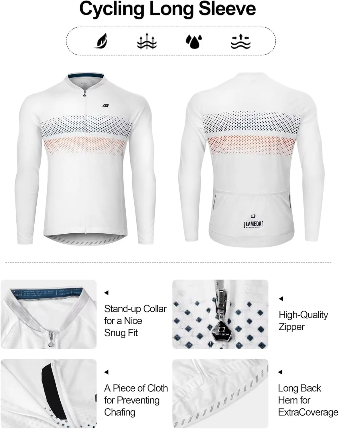 Men's Cycling Jersey Long Sleeve, Breathable Moisture Wicking Bike Shirt, Lightweight Biking Shirt with 3 Rear Pockets