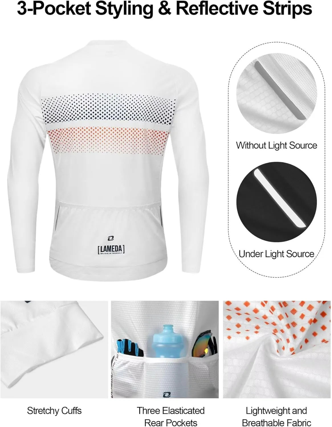 Men's Cycling Jersey Long Sleeve, Breathable Moisture Wicking Bike Shirt, Lightweight Biking Shirt with 3 Rear Pockets