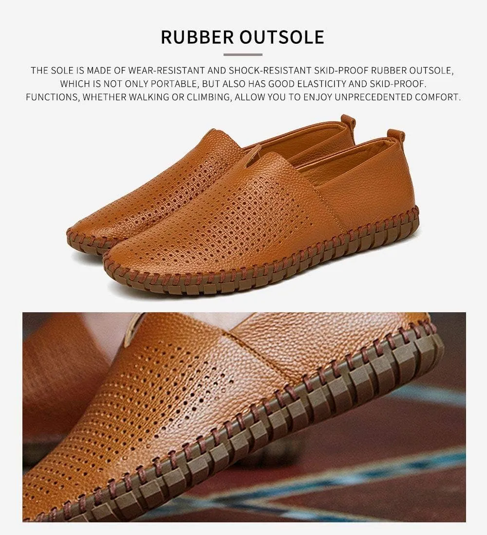 Men's Genuine Leather Loafer Shoes Slip On Soft Walking Shoes Perforated Driving Shoes