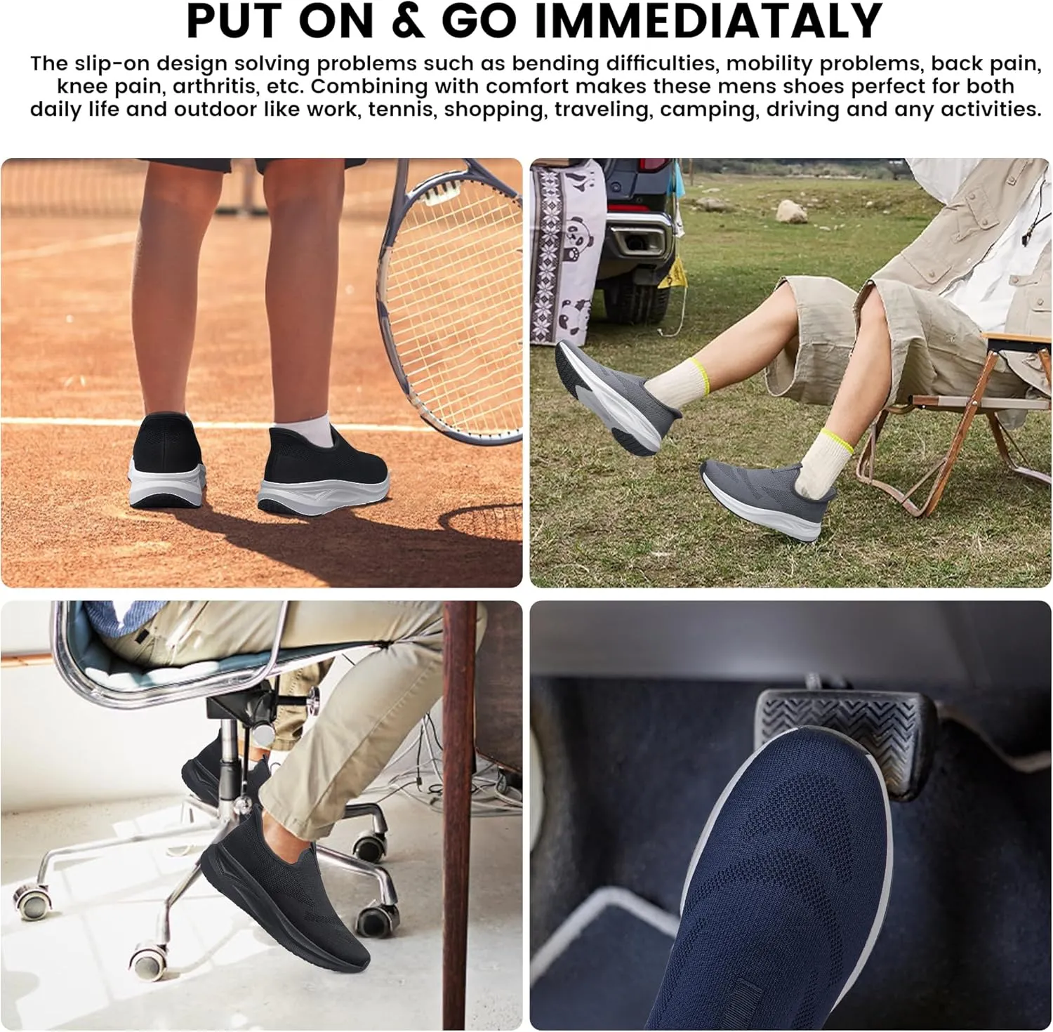 Men's Hands Free Slip On Walking Shoes Non Slip Laceless Lightweight Comfortable Tennis Sneakers