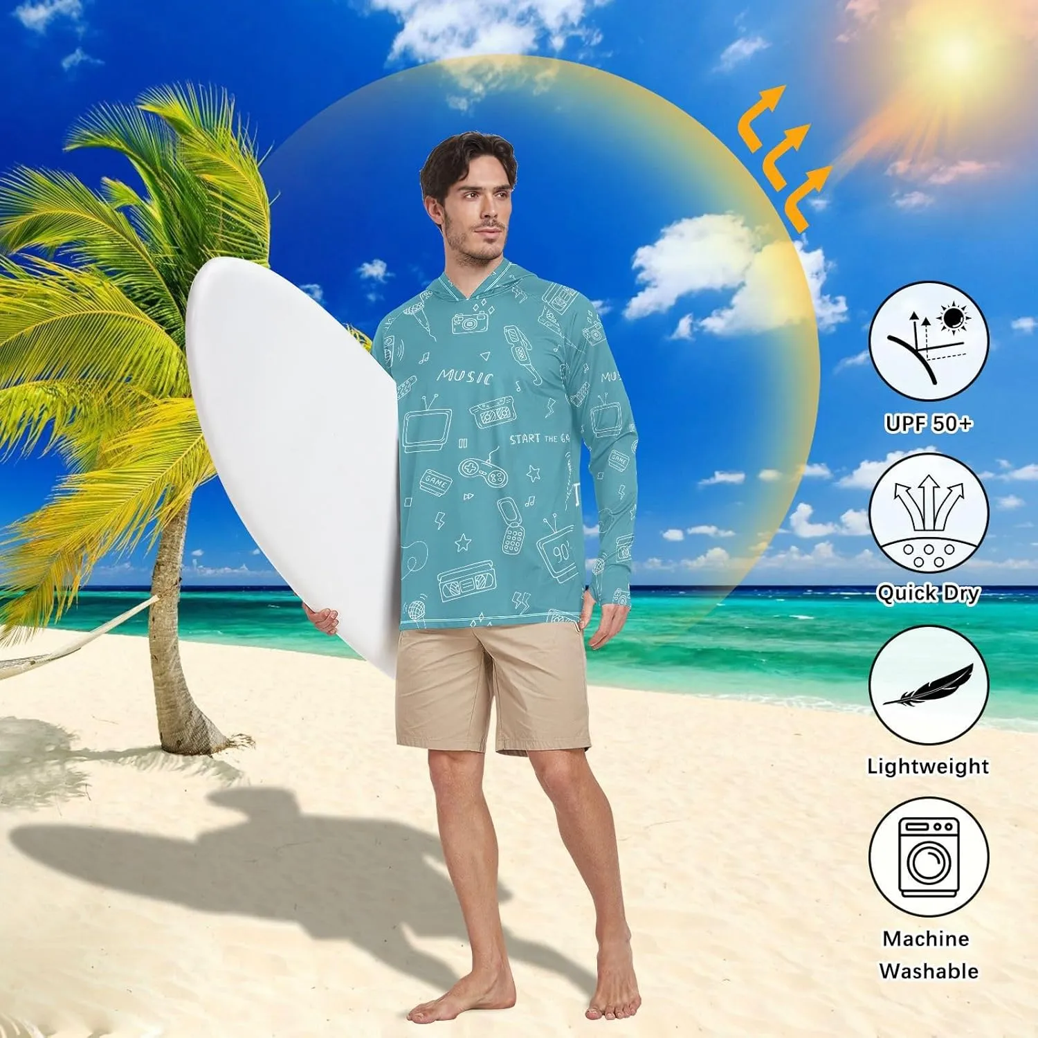 Mens Hoodie Sun Protection Long Sleeve Retro Doodles Fishing Shirt UPF 50 Cooling Hoodies UV Hooded Rash Guard