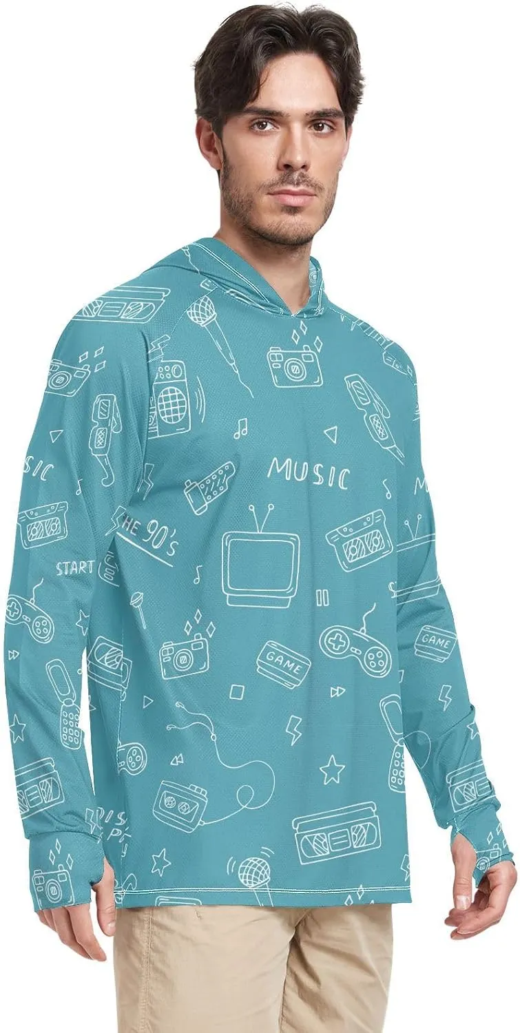 Mens Hoodie Sun Protection Long Sleeve Retro Doodles Fishing Shirt UPF 50 Cooling Hoodies UV Hooded Rash Guard