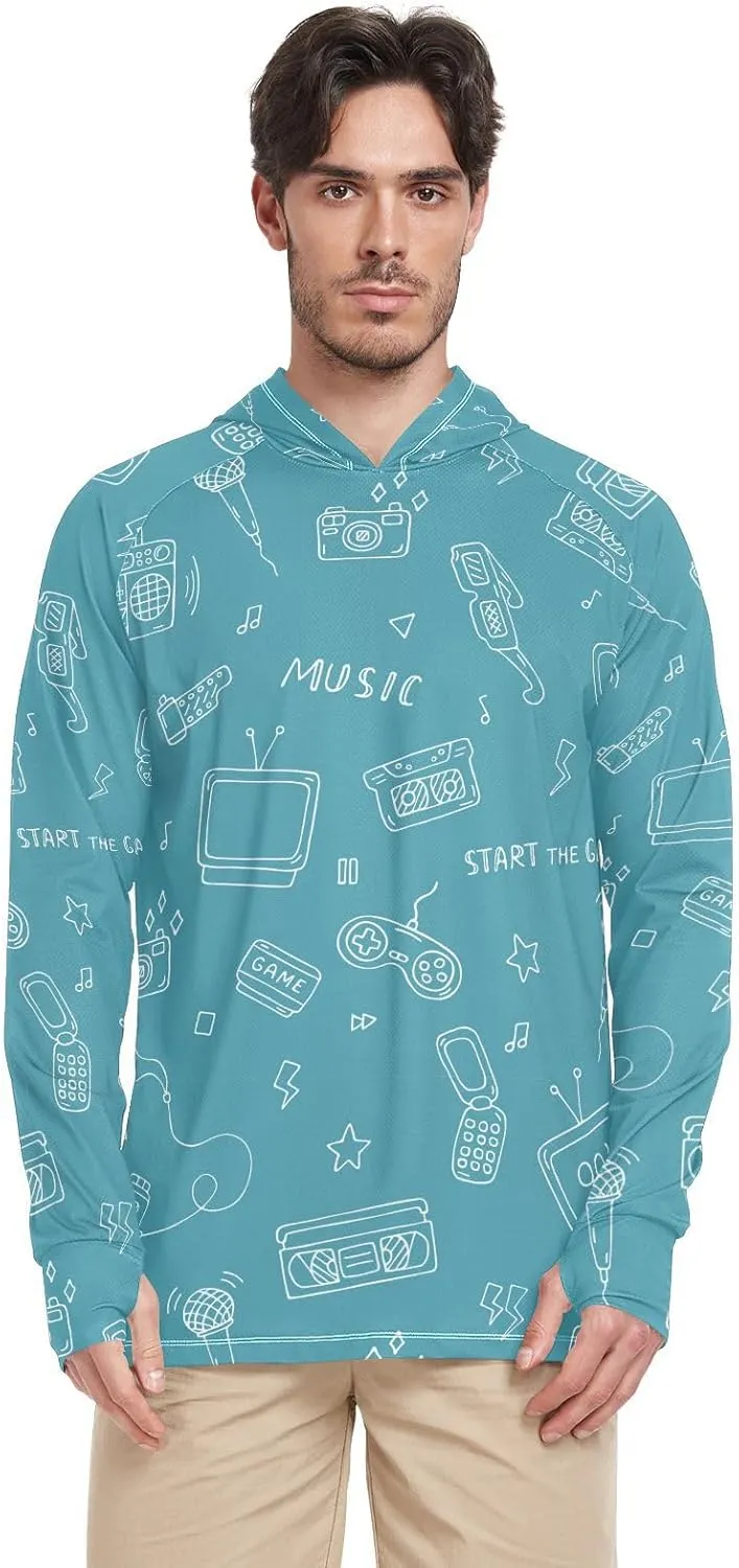 Mens Hoodie Sun Protection Long Sleeve Retro Doodles Fishing Shirt UPF 50 Cooling Hoodies UV Hooded Rash Guard