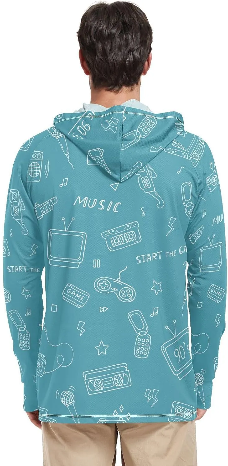 Mens Hoodie Sun Protection Long Sleeve Retro Doodles Fishing Shirt UPF 50 Cooling Hoodies UV Hooded Rash Guard