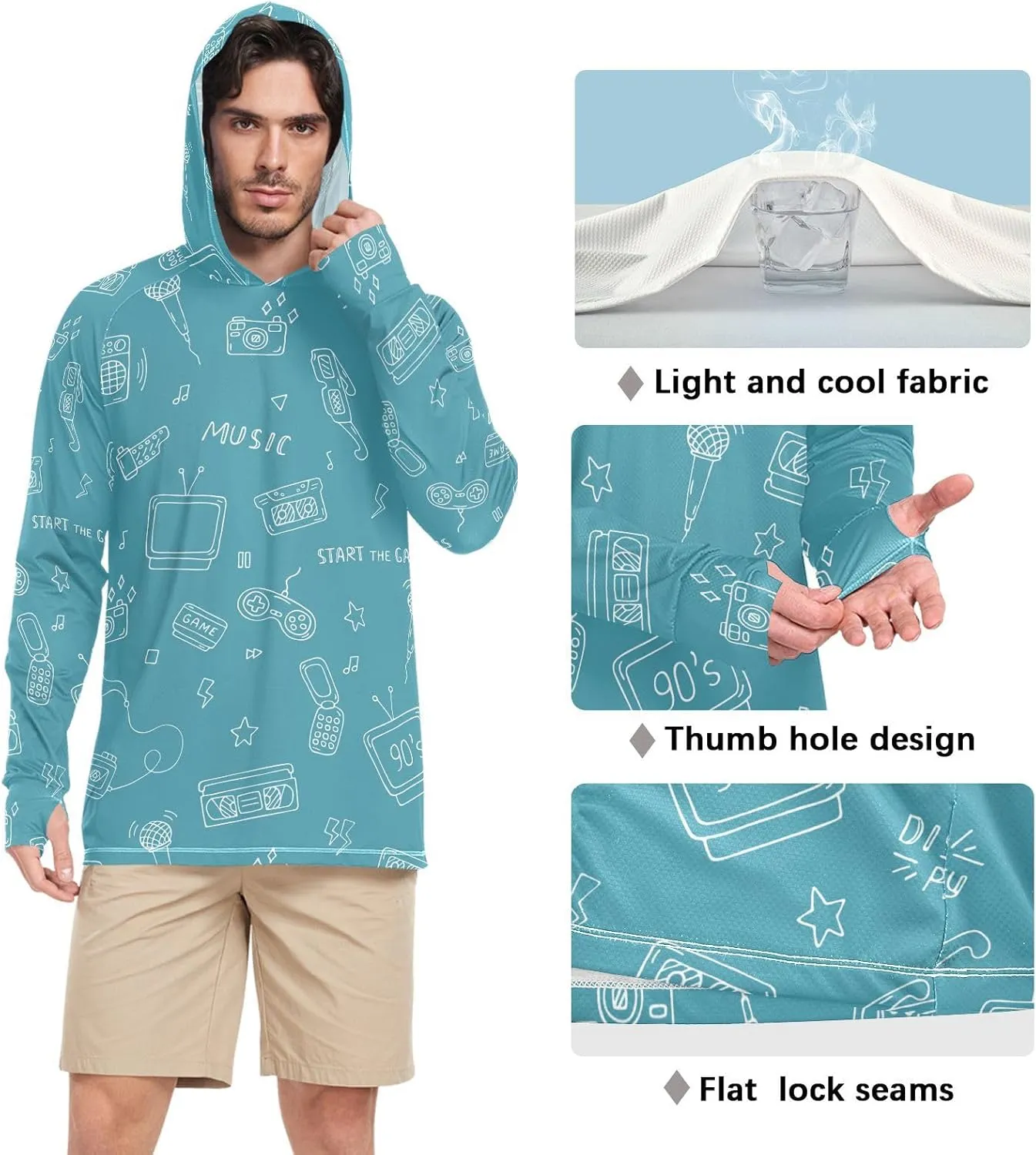 Mens Hoodie Sun Protection Long Sleeve Retro Doodles Fishing Shirt UPF 50 Cooling Hoodies UV Hooded Rash Guard