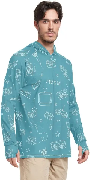 Mens Hoodie Sun Protection Long Sleeve Retro Doodles Fishing Shirt UPF 50 Cooling Hoodies UV Hooded Rash Guard