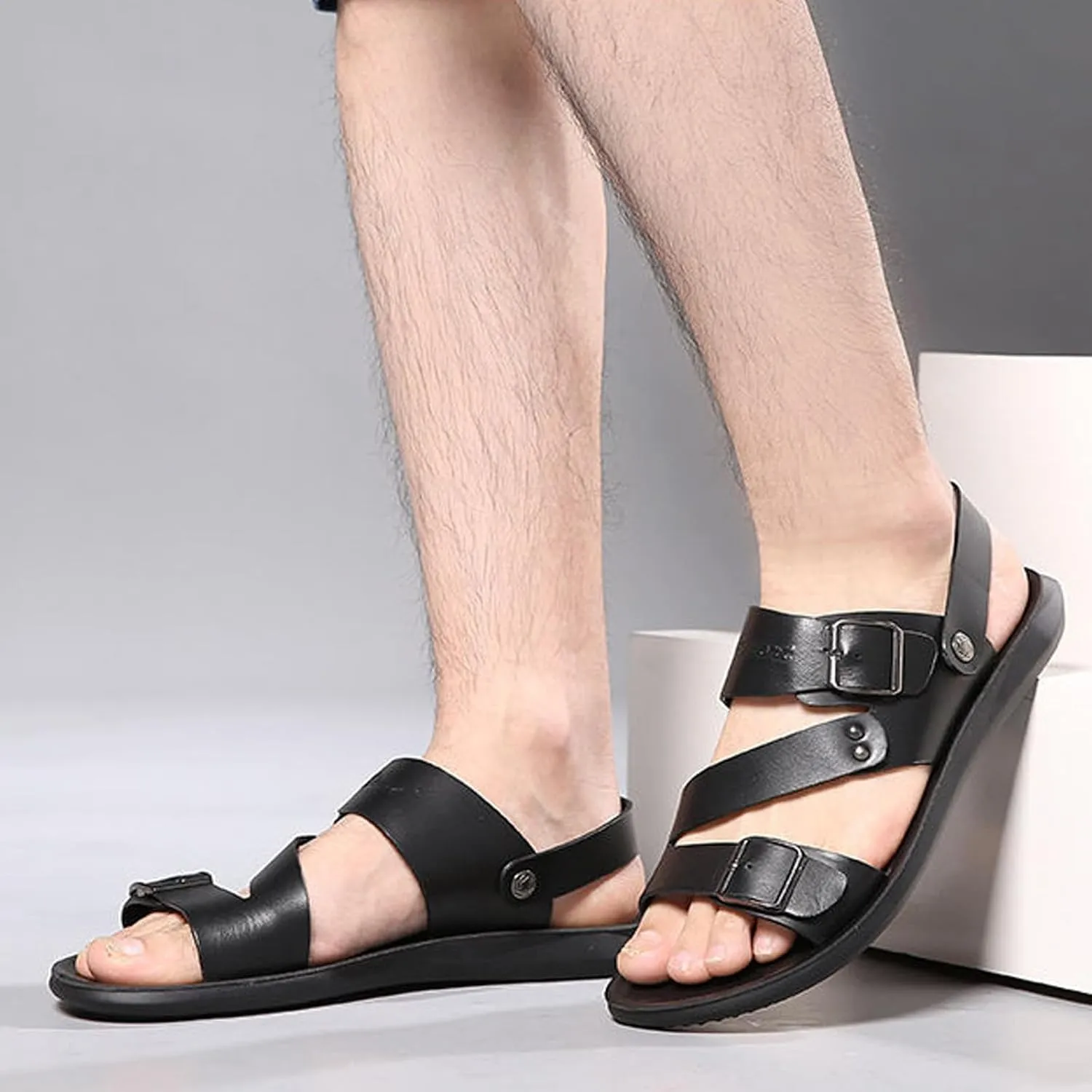 Men's Leather Buckle Casual Flat Sandals with Adjustable Dual use Ankle Straps Slip-On Beach Sandals Open Toe Non-Slip Soft Comfortable Slide Sandals