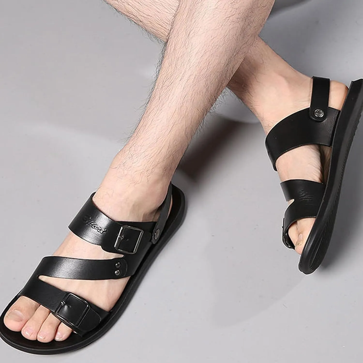 Men's Leather Buckle Casual Flat Sandals with Adjustable Dual use Ankle Straps Slip-On Beach Sandals Open Toe Non-Slip Soft Comfortable Slide Sandals