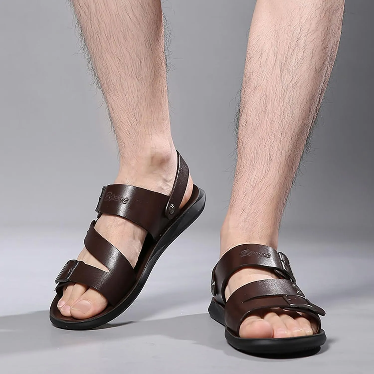 Men's Leather Buckle Casual Flat Sandals with Adjustable Dual use Ankle Straps Slip-On Beach Sandals Open Toe Non-Slip Soft Comfortable Slide Sandals