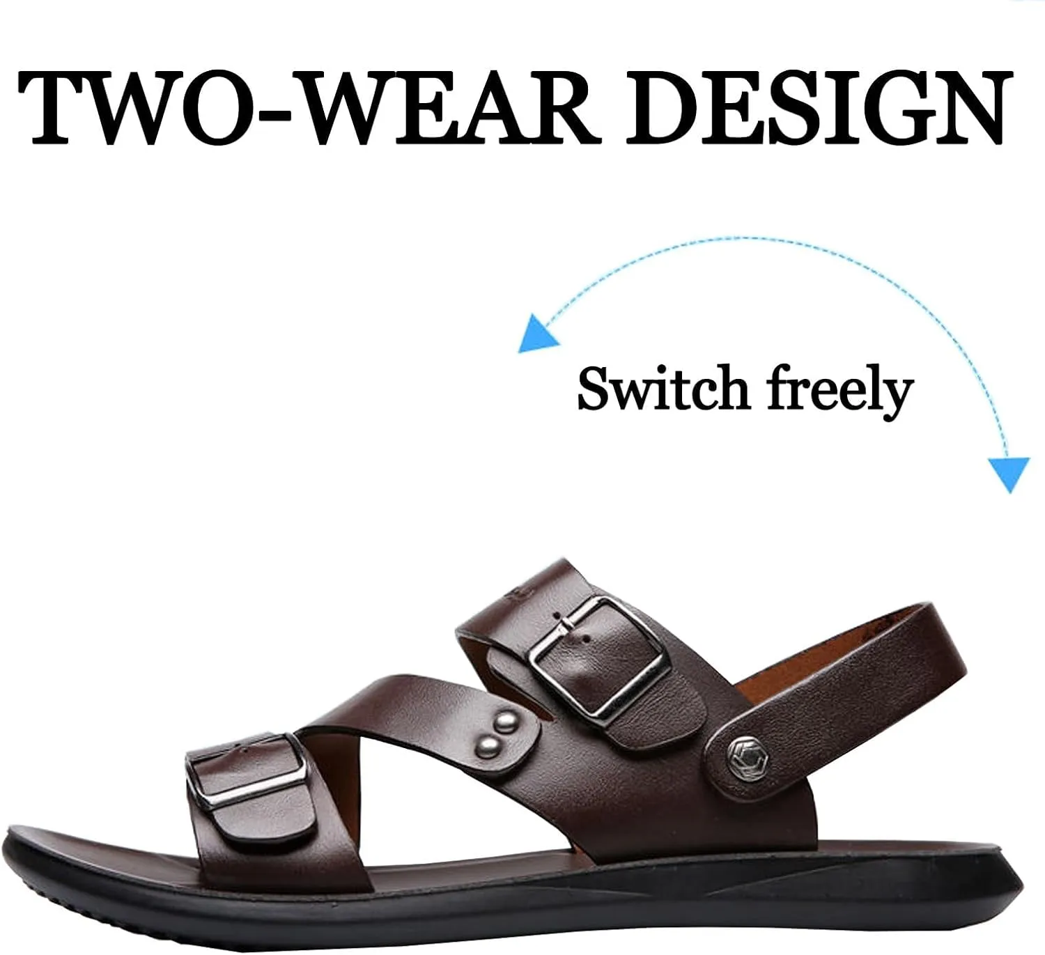 Men's Leather Buckle Casual Flat Sandals with Adjustable Dual use Ankle Straps Slip-On Beach Sandals Open Toe Non-Slip Soft Comfortable Slide Sandals