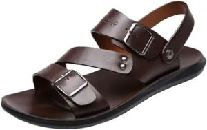 Men's Leather Buckle Casual Flat Sandals with Adjustable Dual use Ankle Straps Slip-On Beach Sandals Open Toe Non-Slip Soft Comfortable Slide Sandals