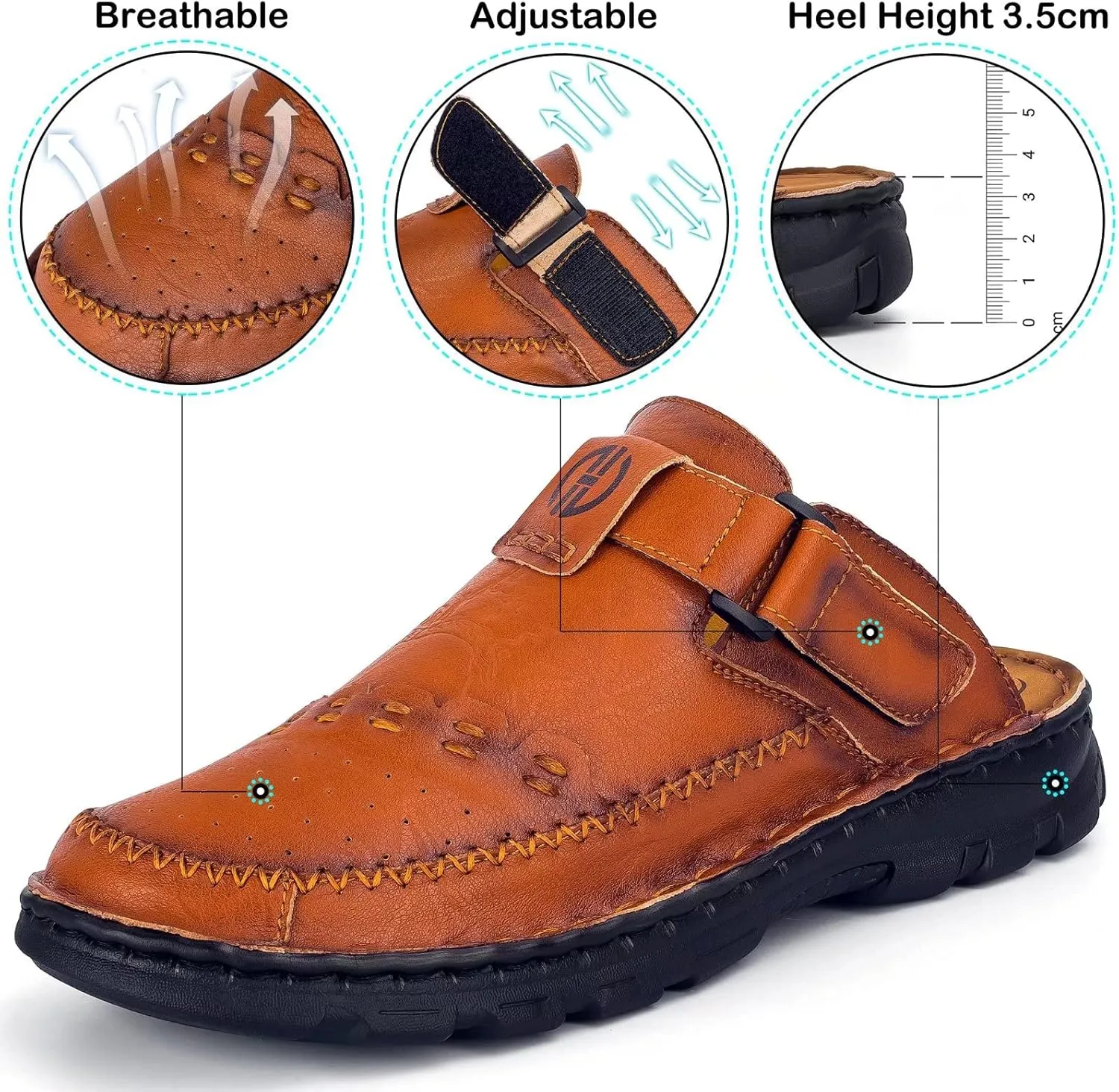 Mens Leather Clogs Mules Summer Slip-on Casual Sandals Soft Leather Thick Sole