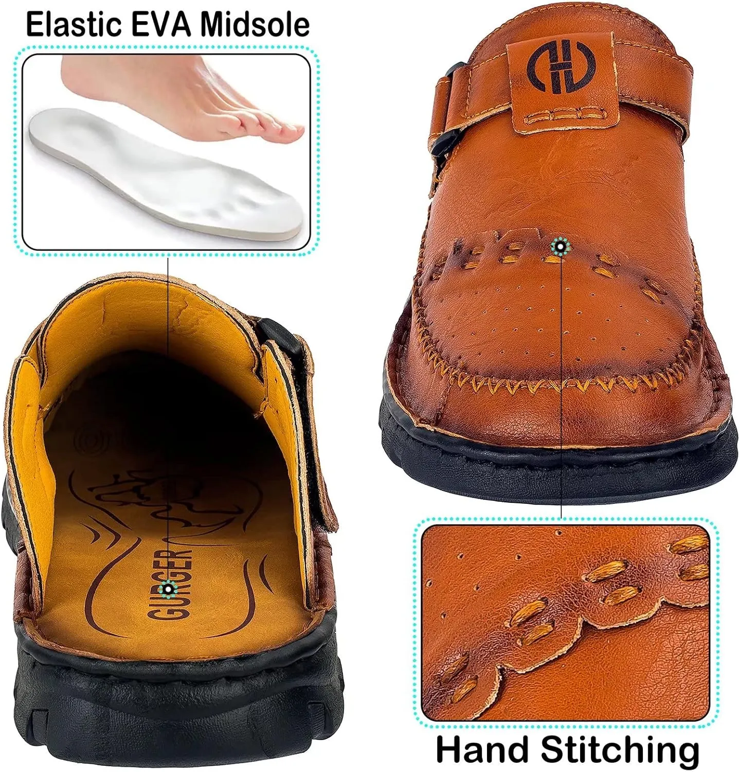 Mens Leather Clogs Mules Summer Slip-on Casual Sandals Soft Leather Thick Sole