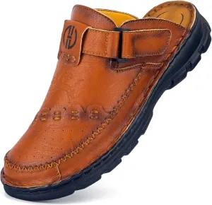 Mens Leather Clogs Mules Summer Slip-on Casual Sandals Soft Leather Thick Sole