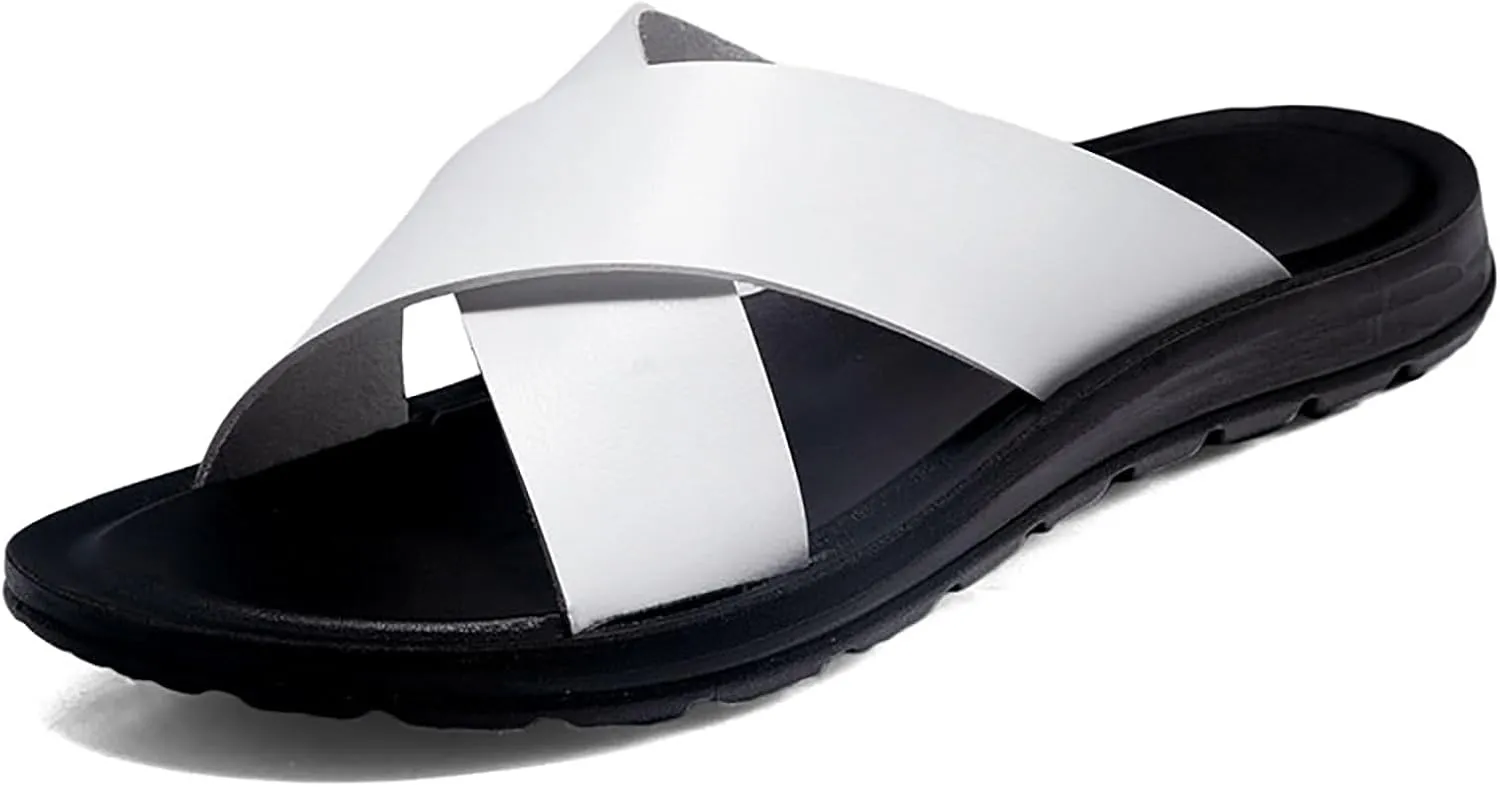 Men's Leather Platform Orthotic Slides Sandals Open Toe Comfort Arch Support Hollow Slip On Slippers Summer Lightweight Anti-Slip Soft Bottom Casual Walking Beach Sandals