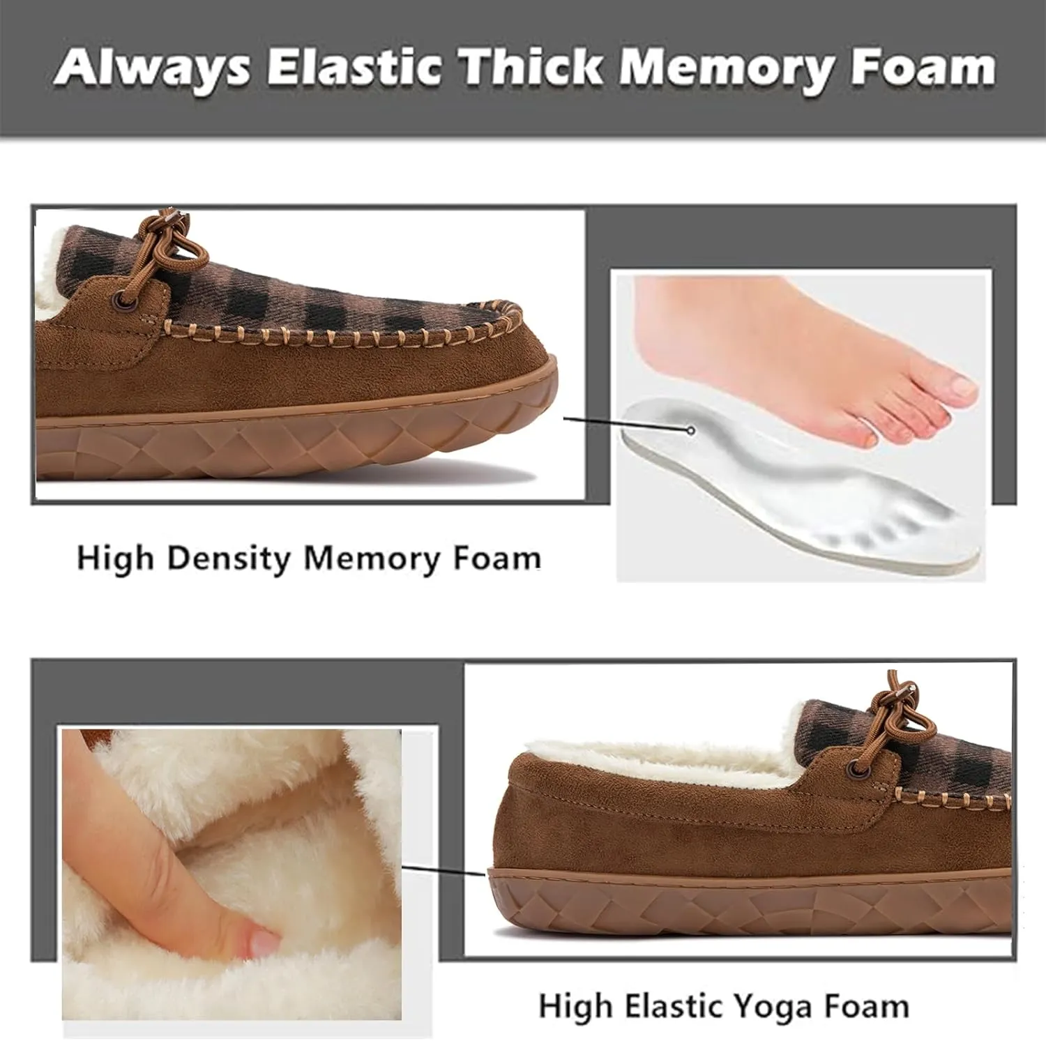 Men's Moccasin Slippers Warm Memory Foam Soft Plush Lined Slip on Indoor Outdoor House Shoes