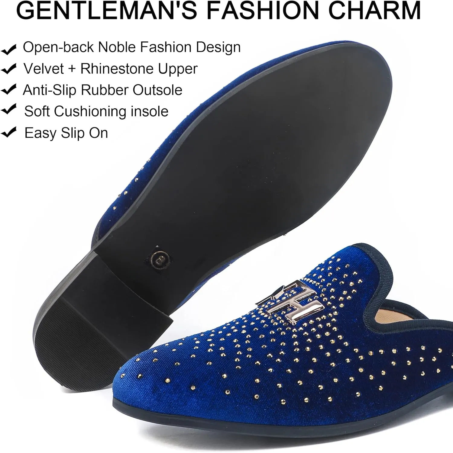 Men's Slip-on Mule Sandals Loafer with Gold Buckle,Fashion Leather Formal Wear Casual Backless Dress Slippers