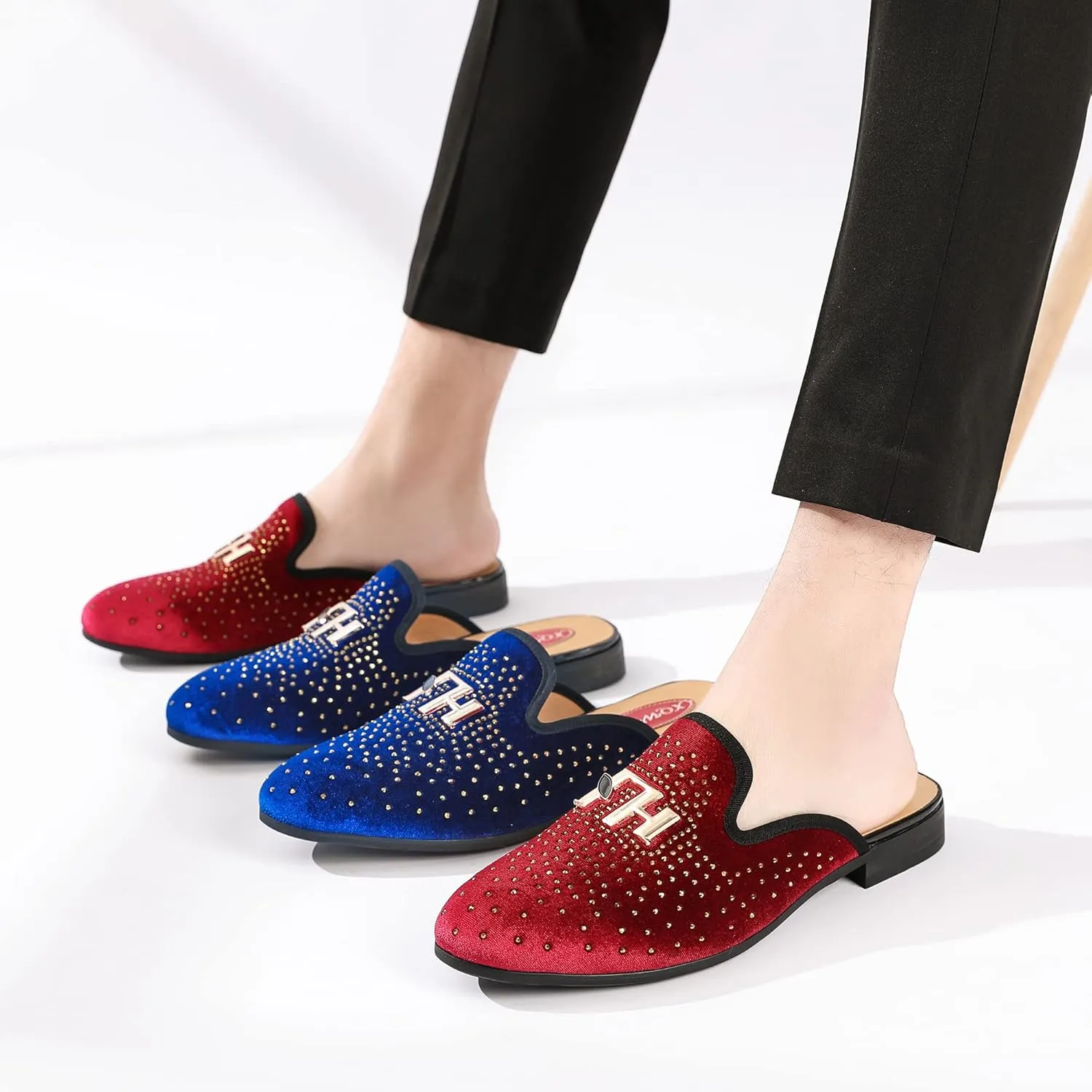 Men's Slip-on Mule Sandals Loafer with Gold Buckle,Fashion Leather Formal Wear Casual Backless Dress Slippers