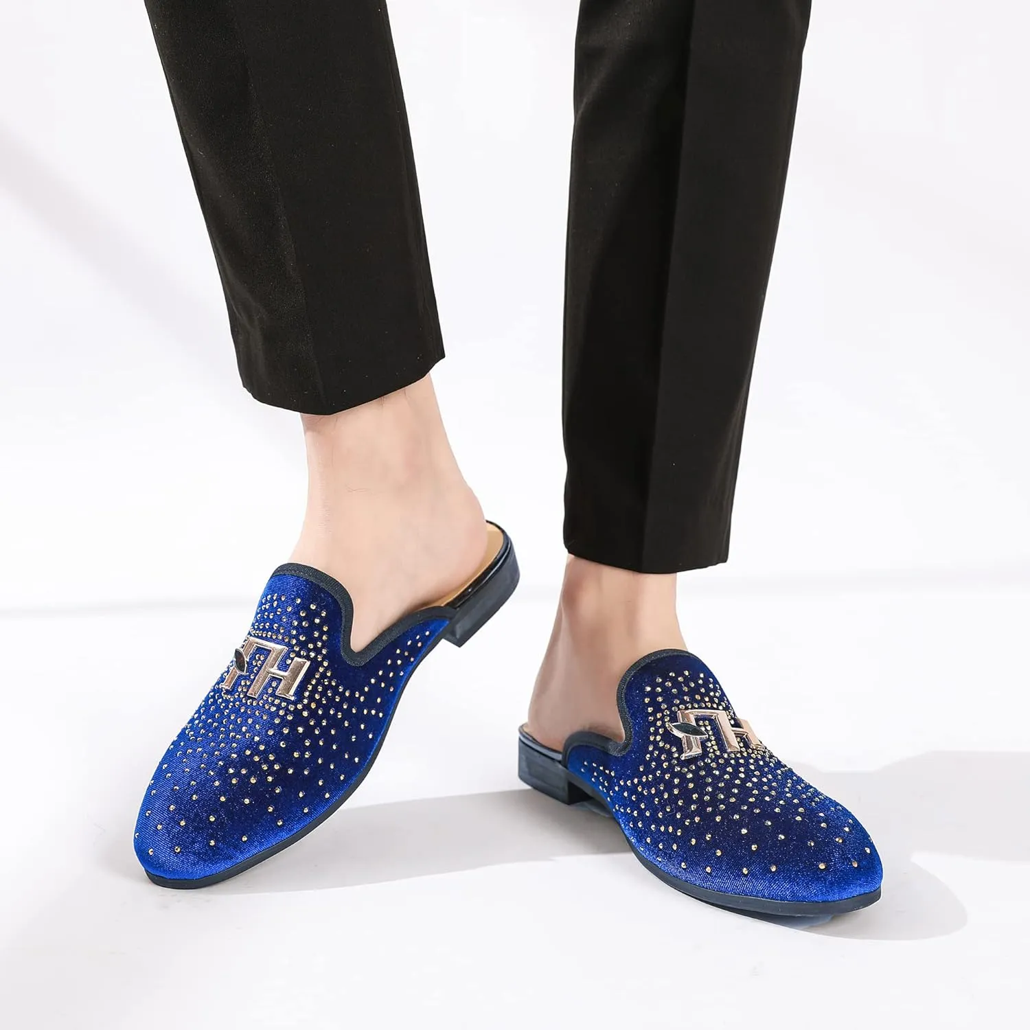 Men's Slip-on Mule Sandals Loafer with Gold Buckle,Fashion Leather Formal Wear Casual Backless Dress Slippers
