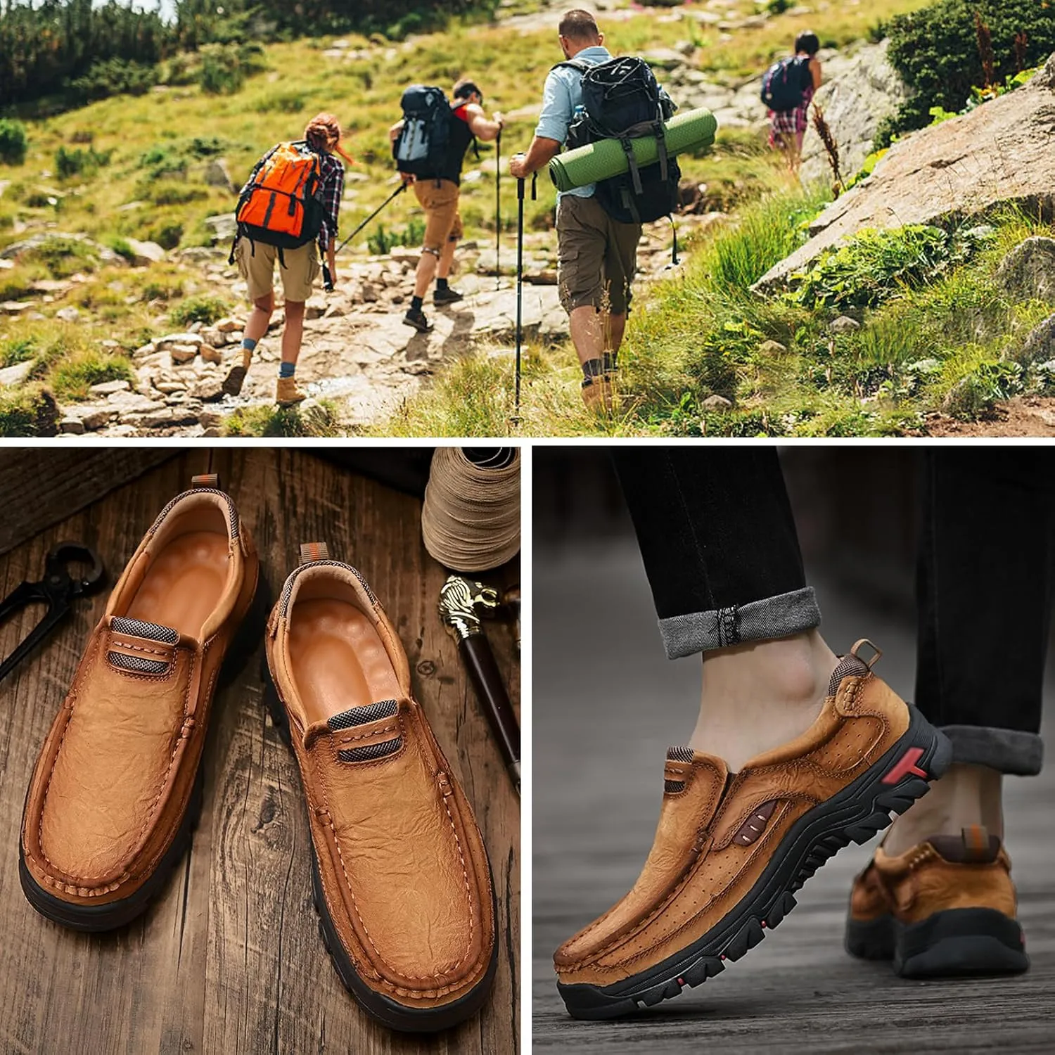 Men's Slip On Waterproof Loafers Leather Walking Boots Mens Slip-On Dress Shoes Slippers for Men Outdoor Trekking Camping Sneakers