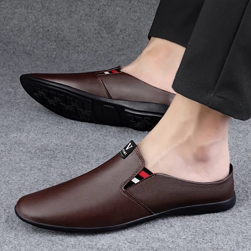 Men's Summer Slip-On Mules - Breathable Split Leather Upper, Non-Slip Rubber Sole, Comfortable PU Inner Lining, Round Toe Design, Casual Style for Casual Attire, Mule Shoes
