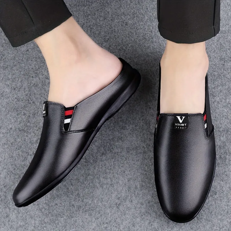Men's Summer Slip-On Mules - Breathable Split Leather Upper, Non-Slip Rubber Sole, Comfortable PU Inner Lining, Round Toe Design, Casual Style for Casual Attire, Mule Shoes