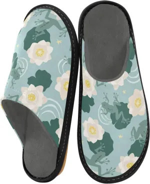 Mens Womens Slippers, Nature Water White Lotus Frogs Slip-On Breathable House Shoes Indoor/Outdoor Size 4-11