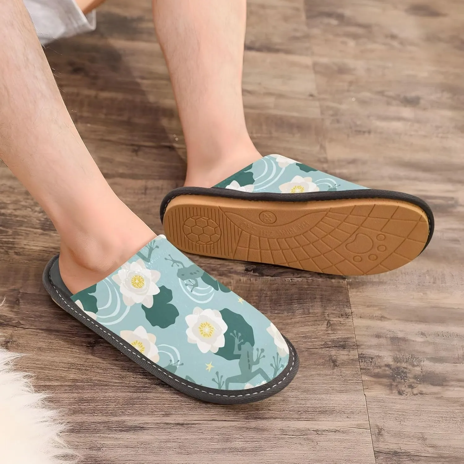 Mens Womens Slippers, Nature Water White Lotus Frogs Slip-On Breathable House Shoes Indoor/Outdoor Size 4-11