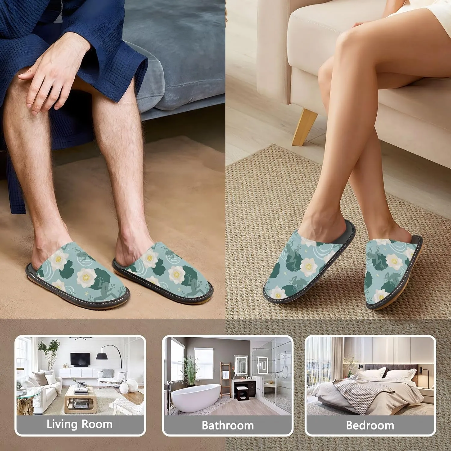 Mens Womens Slippers, Nature Water White Lotus Frogs Slip-On Breathable House Shoes Indoor/Outdoor Size 4-11