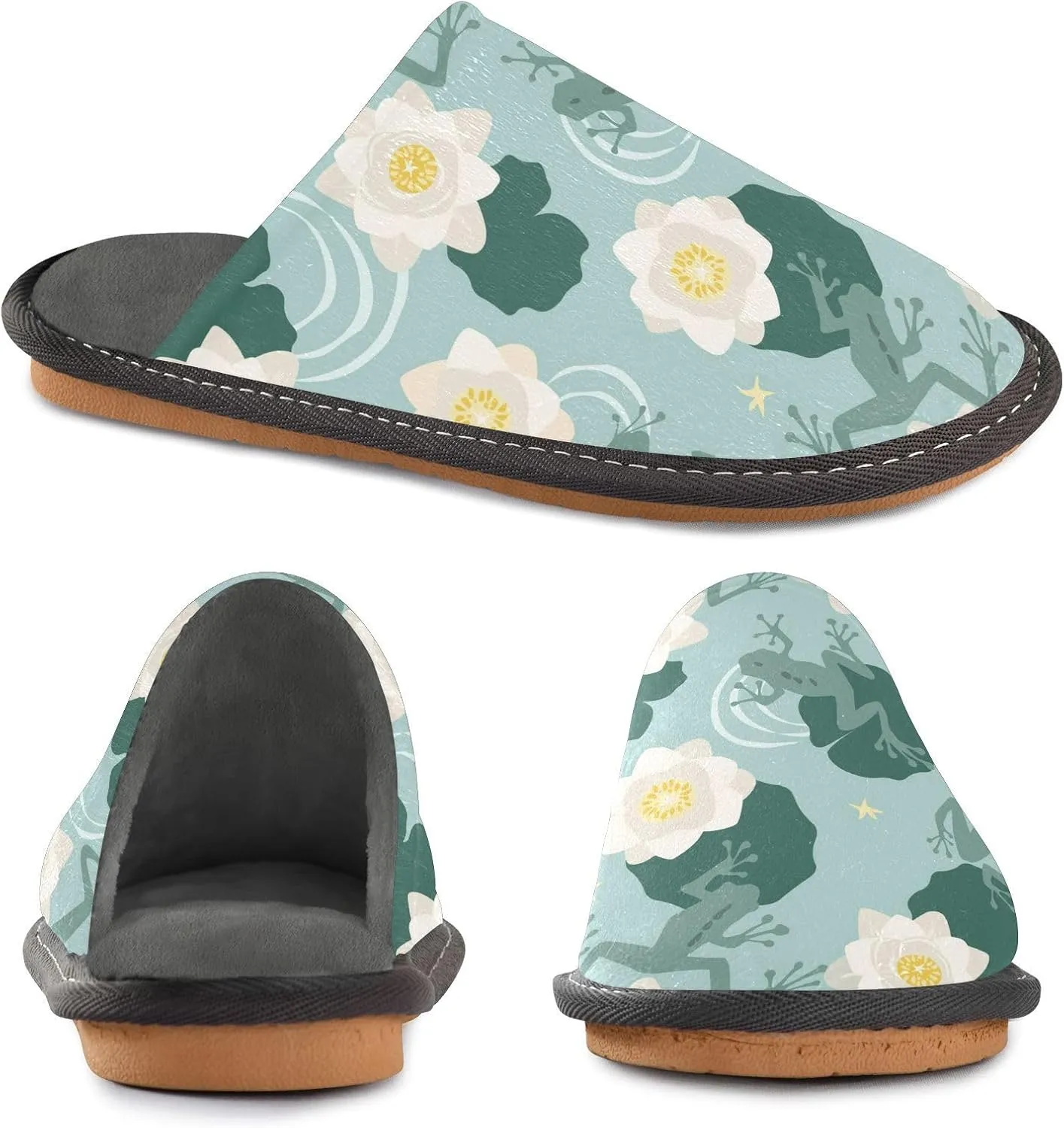 Mens Womens Slippers, Nature Water White Lotus Frogs Slip-On Breathable House Shoes Indoor/Outdoor Size 4-11
