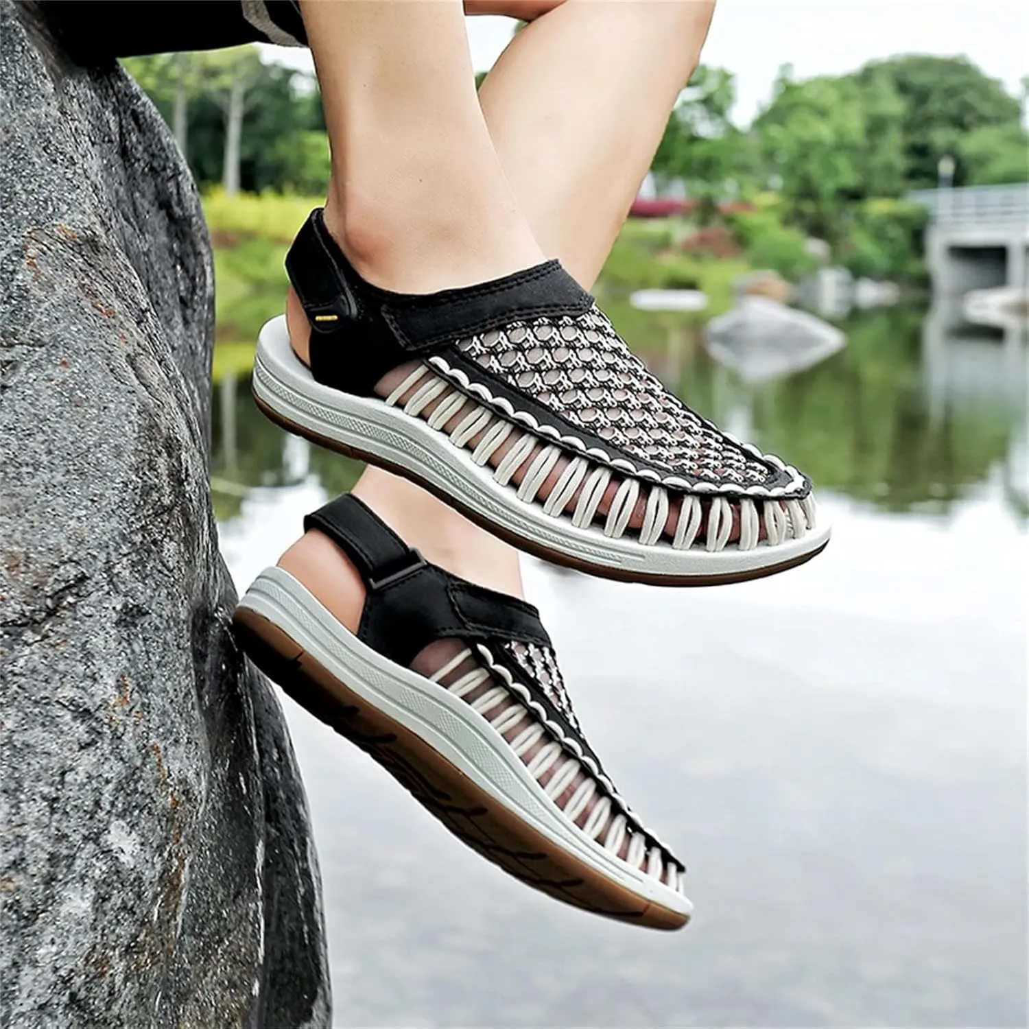Men's Woven Sandals, Breathable Slip-On Beach Shoes