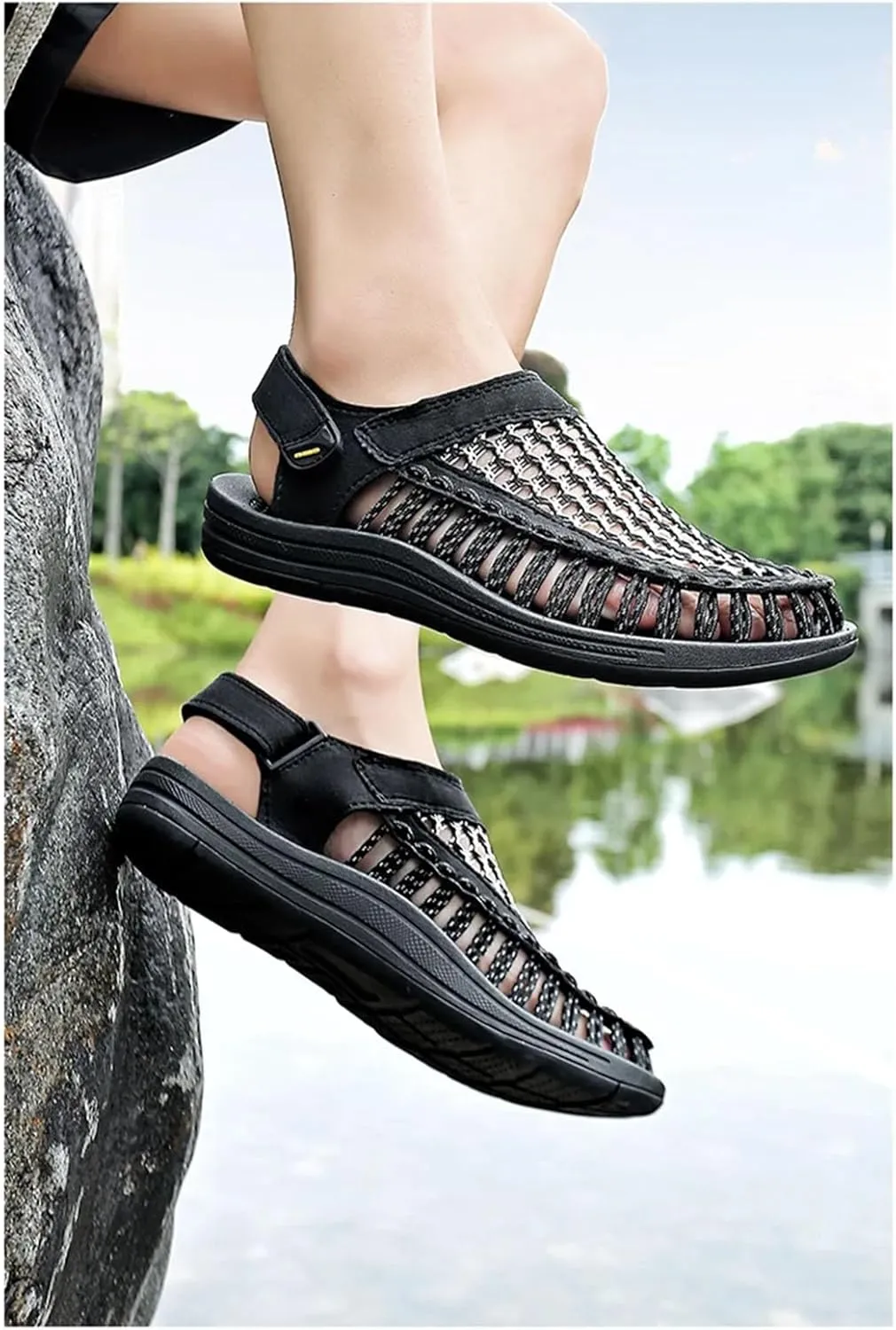 Men's Woven Sandals, Breathable Slip-On Beach Shoes