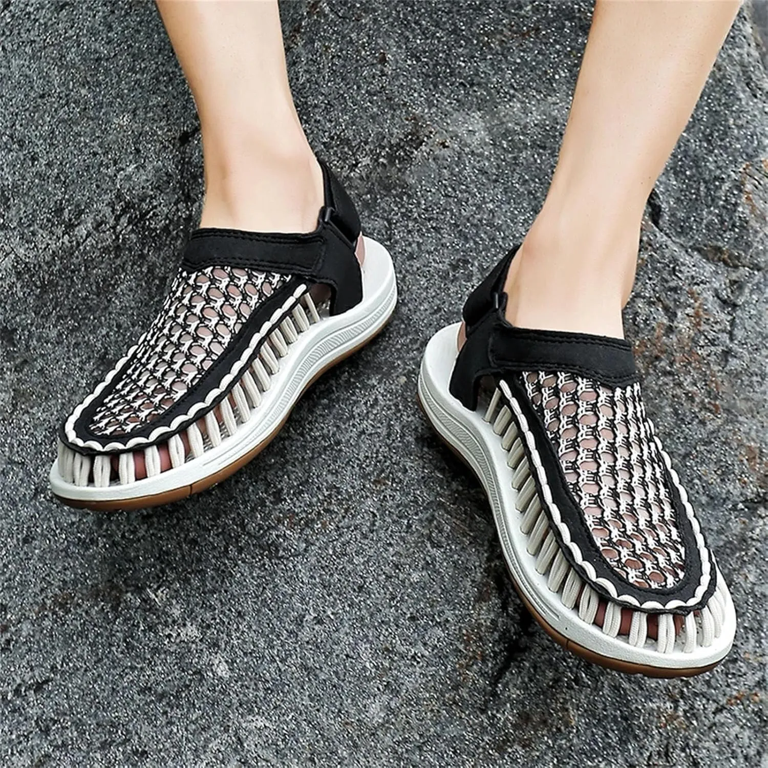 Men's Woven Sandals, Breathable Slip-On Beach Shoes