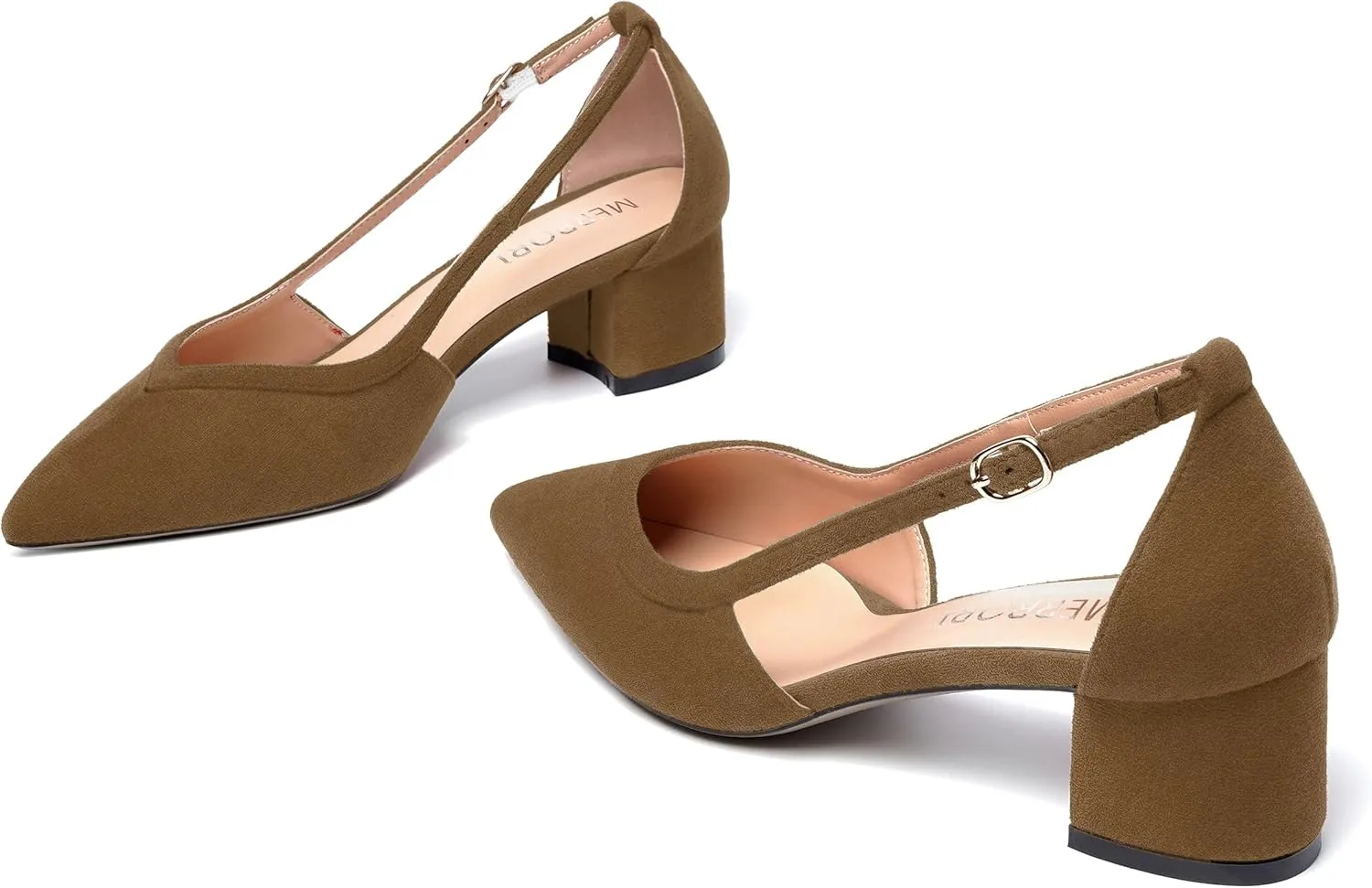 MERRORI Womens Pointed Toe Dress Heels Casual Slip On Suede Office Block Low Heel Pumps Shoes 2 Inch