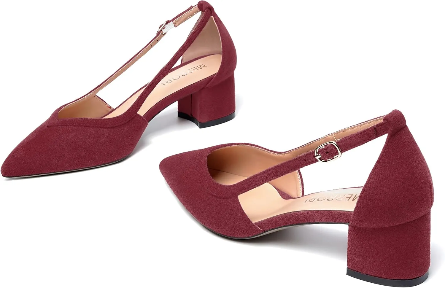 MERRORI Womens Pointed Toe Dress Heels Casual Slip On Suede Office Block Low Heel Pumps Shoes 2 Inch