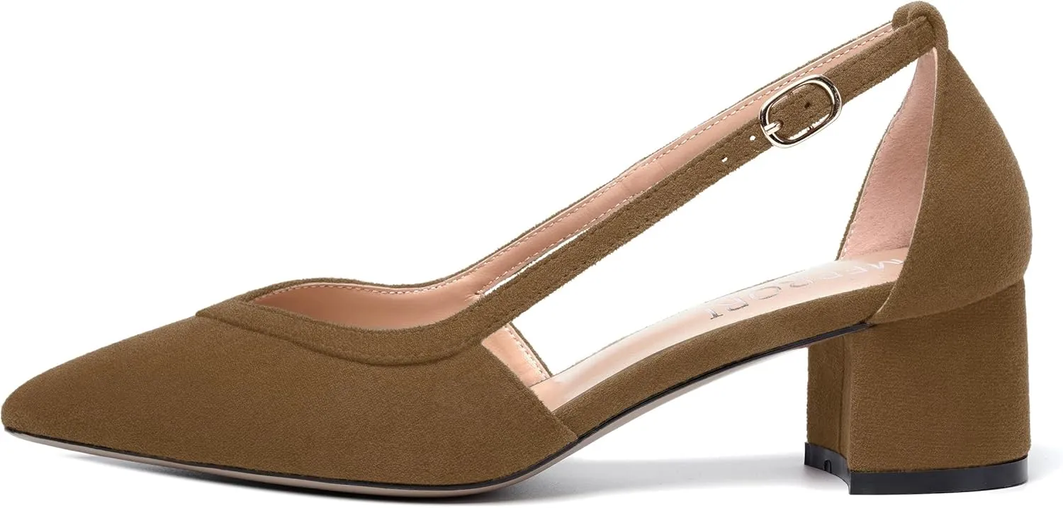 MERRORI Womens Pointed Toe Dress Heels Casual Slip On Suede Office Block Low Heel Pumps Shoes 2 Inch