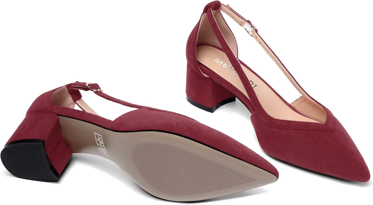 MERRORI Womens Pointed Toe Dress Heels Casual Slip On Suede Office Block Low Heel Pumps Shoes 2 Inch