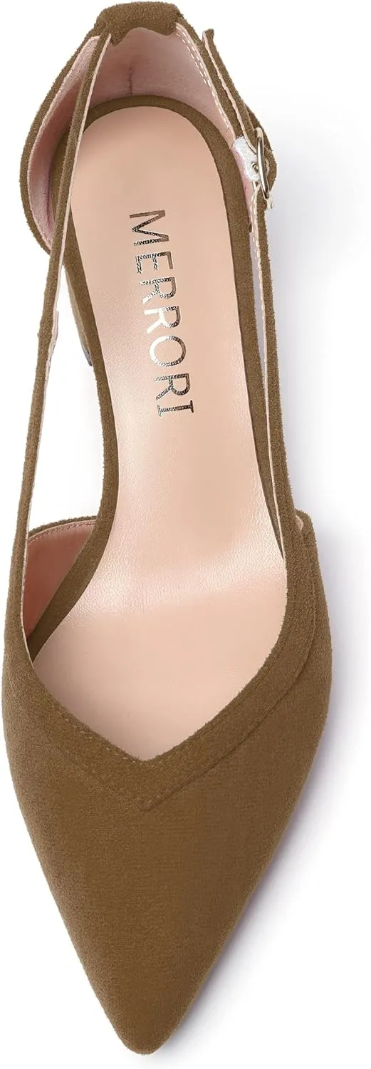 MERRORI Womens Pointed Toe Dress Heels Casual Slip On Suede Office Block Low Heel Pumps Shoes 2 Inch