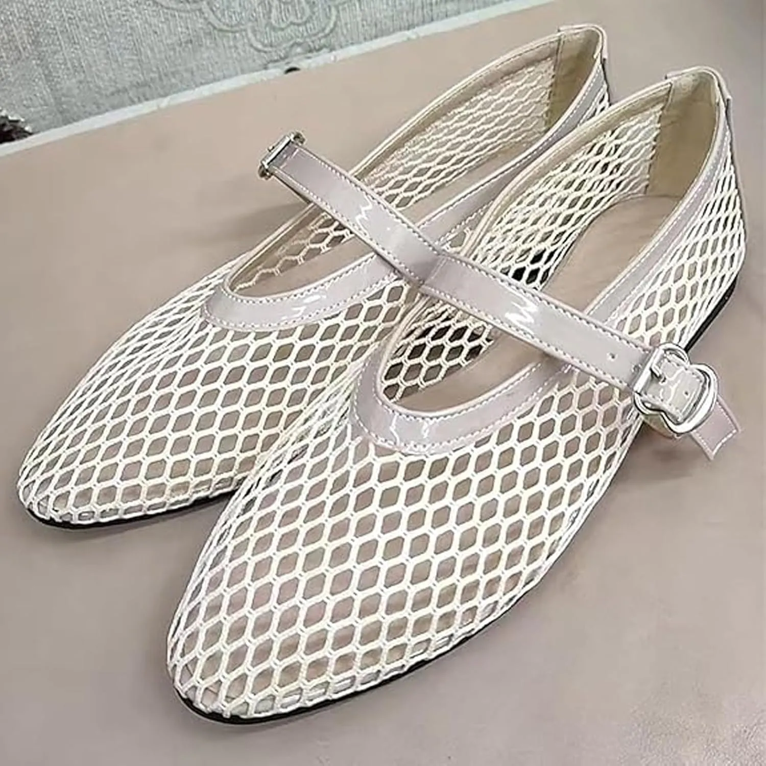 Mesh Ballet Flats for Women Round Toe Buckle Strap Comfy Casual Mesh Ballet Mary Jane Shoes Summer Flats Shoes