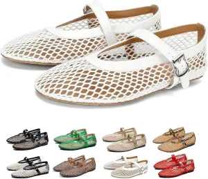 Mesh Ballet Flats for Women Round Toe Buckle Strap Comfy Casual Mesh Ballet Mary Jane Shoes Summer Flats Shoes
