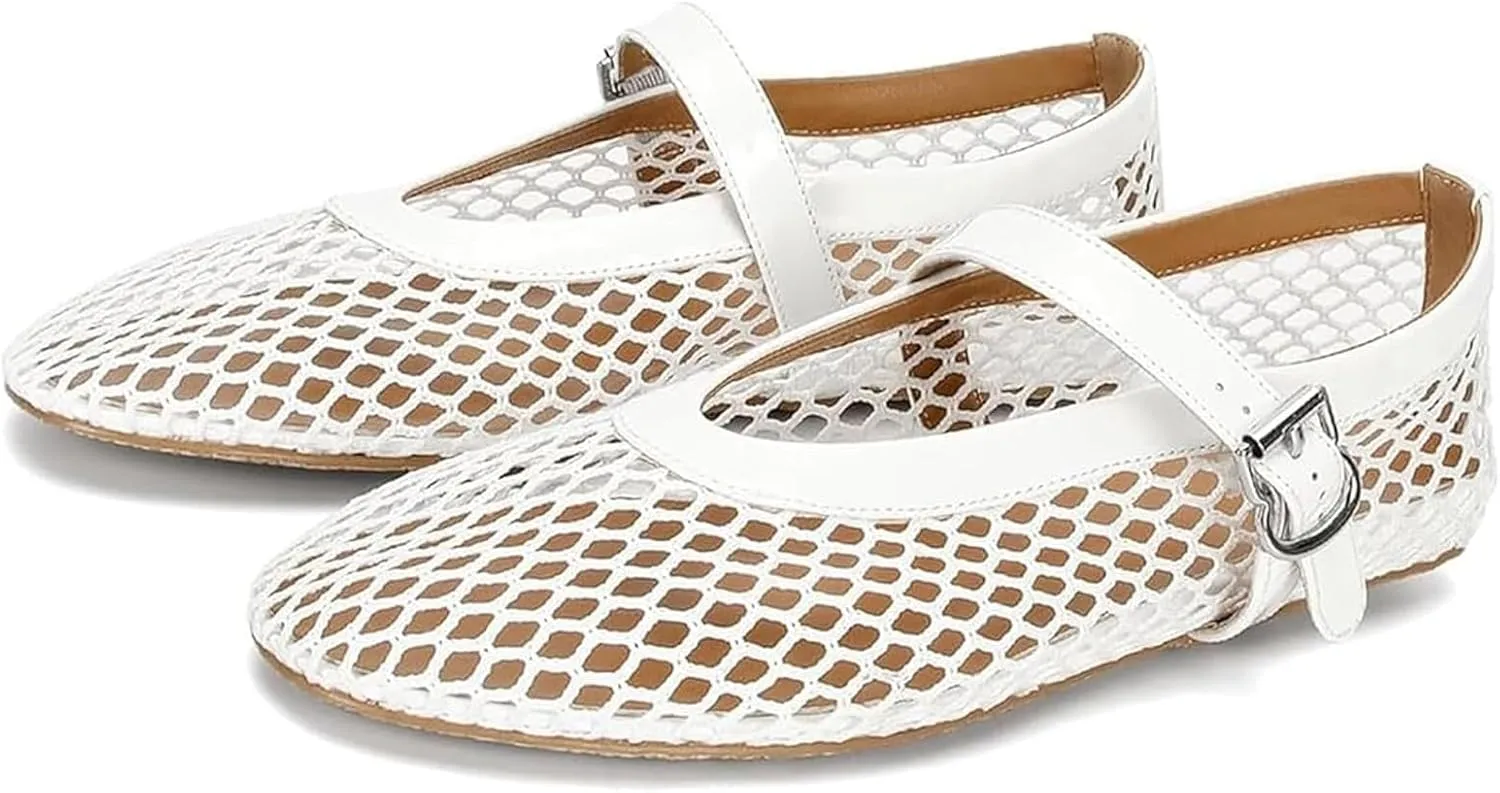 Mesh Ballet Flats for Women Round Toe Buckle Strap Comfy Casual Mesh Ballet Mary Jane Shoes Summer Flats Shoes