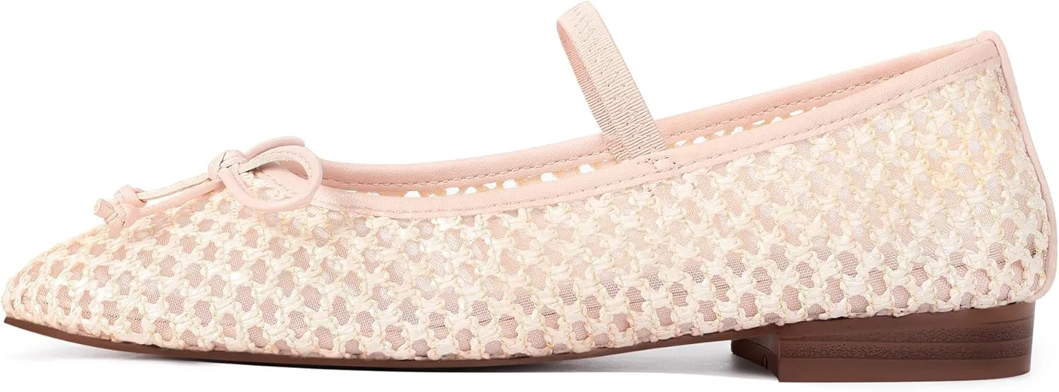 Mesh Ballet Flats for Women Woven Raffia Round Toe with Bow Ballerina Flats Mary Jane Slip On Ladies Casual Strap Dress Shoes
