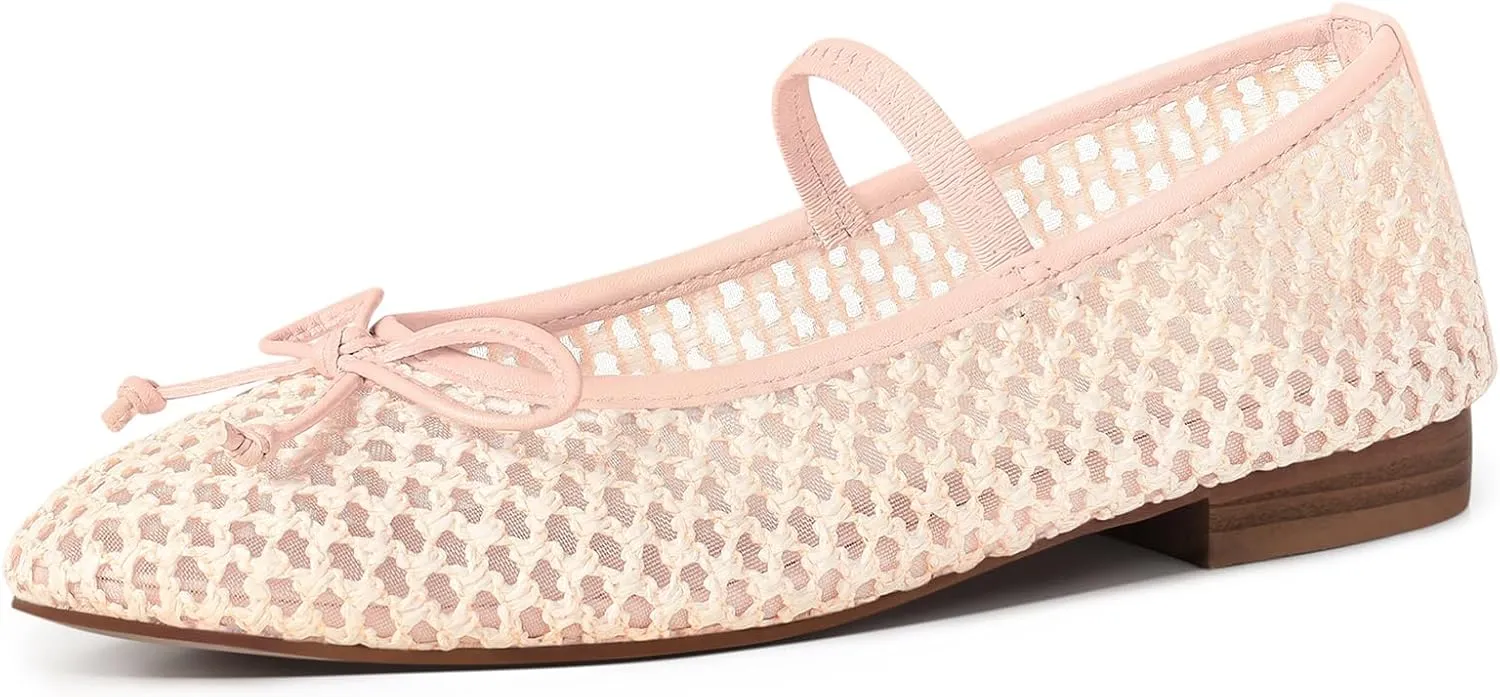 Mesh Ballet Flats for Women Woven Raffia Round Toe with Bow Ballerina Flats Mary Jane Slip On Ladies Casual Strap Dress Shoes