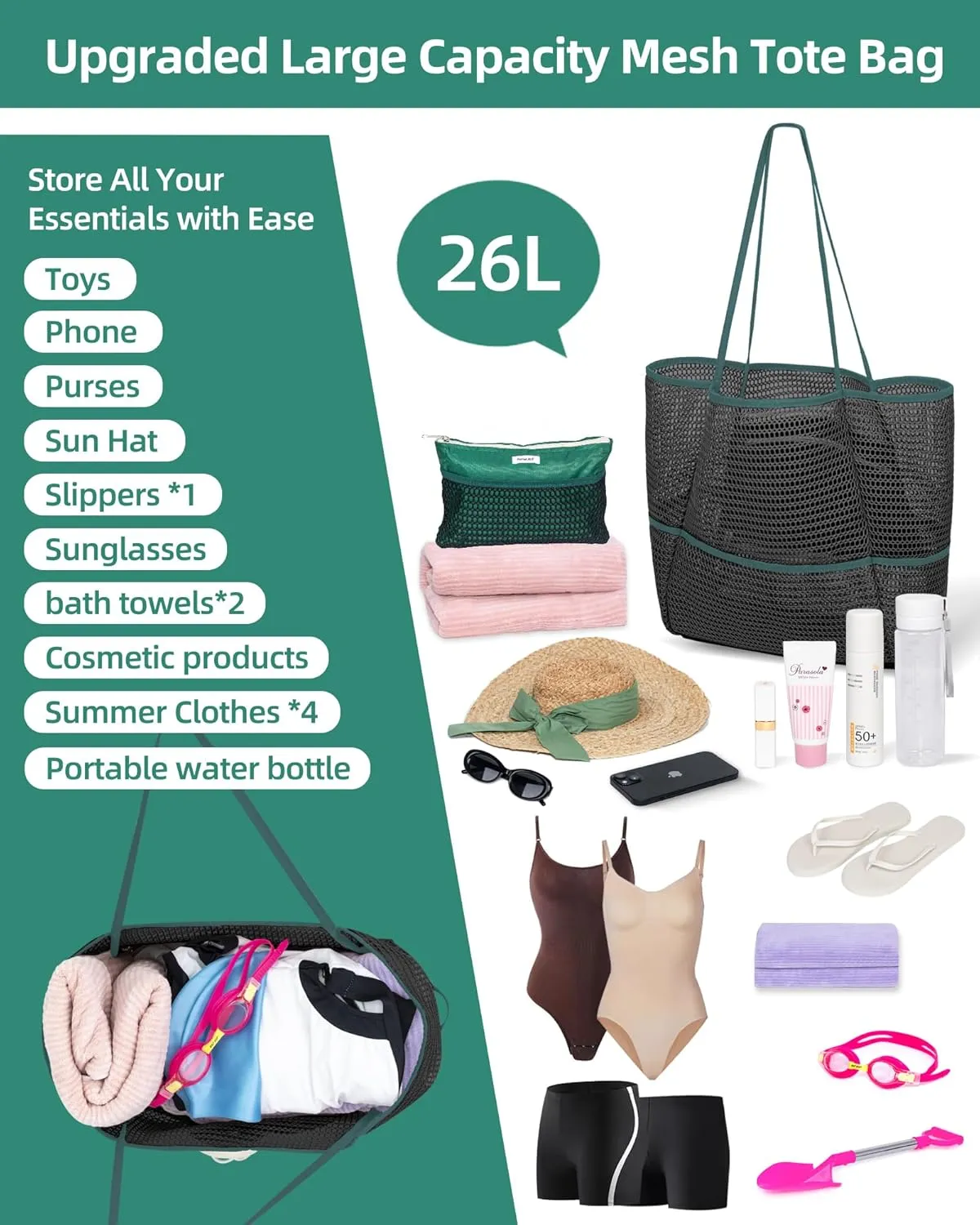 Mesh Beach Tote Bag Packable,2025 New 2-in-1 Large Lightweight Foldable Beach Bags with Multiple Pockets for Women