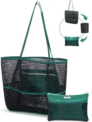 Mesh Beach Tote Bag Packable,2025 New 2-in-1 Large Lightweight Foldable Beach Bags with Multiple Pockets for Women