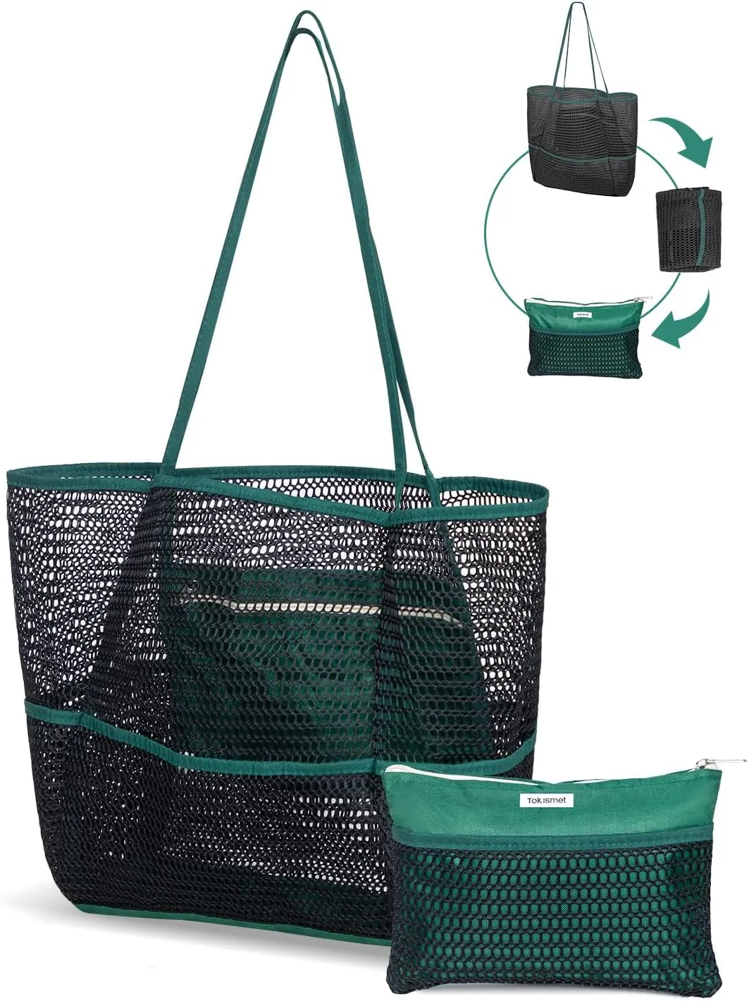 Mesh Beach Tote Bag Packable,2025 New 2-in-1 Large Lightweight Foldable Beach Bags with Multiple Pockets for Women